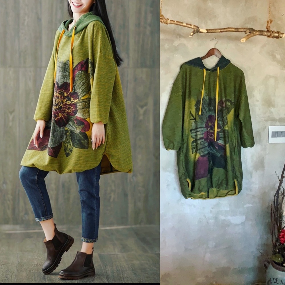 Over sized hooded sweatshirt tunic dress green top